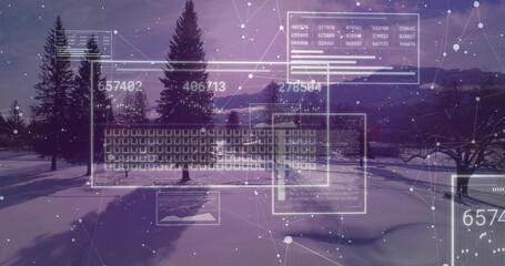 Displaying digital interface in snowy clearing showing data panels node graph grid and line chart