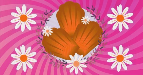 Displaying three shell pastries on gray plate, with floral motifs over pink swirl background