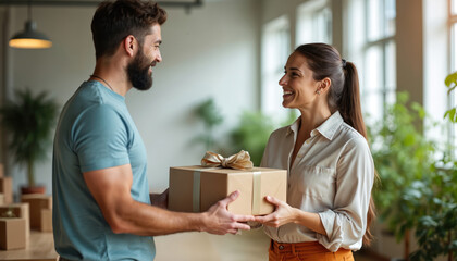Man gives woman gift box with ribbon. Couple smiles, sharing happy moment at home office. Presents for employees, coworkers, colleagues at work.