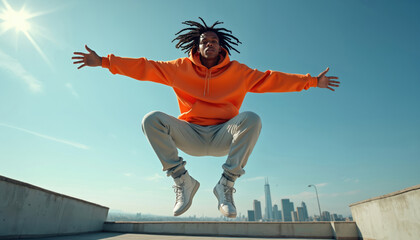 Young Black man jumps high in air on city rooftop, arms spread wide. Wears orange hoodie, grey pants, white sneakers. City skyline, blue sky, bright sun. Expresses freedom, energy, urban youth style,