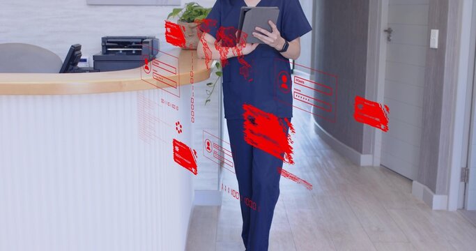 Standing receptionist wearing scrubs behind curved desk in clinic hallway, displaying digital UI - Powered by Adobe