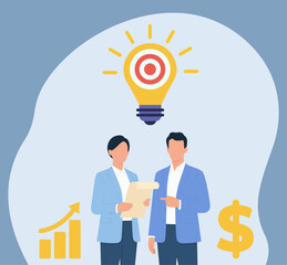 Flat vector illustration of professionals discussing a targeted innovative idea leading to business growth and financial profit