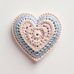Crocheted Heart Coaster in Pastel Pink and Blue on White Background