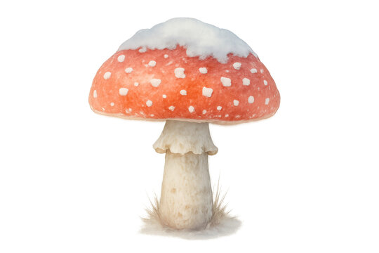 Fly agaric mushroom with red cap and white spots, covered in fresh snow, standing on transparent background