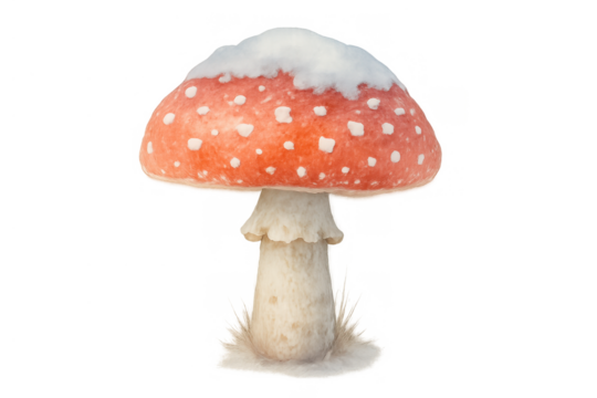 Fly agaric mushroom with red cap and white spots, covered in fresh snow, standing on transparent background