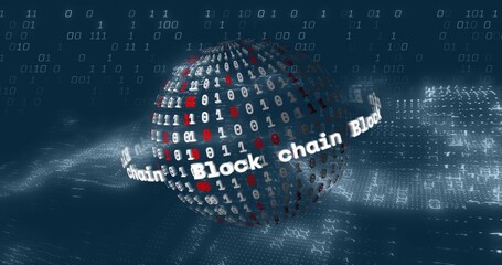 Floating 3D binary code sphere rotating above dark blue data plane, with rotating block chain ring