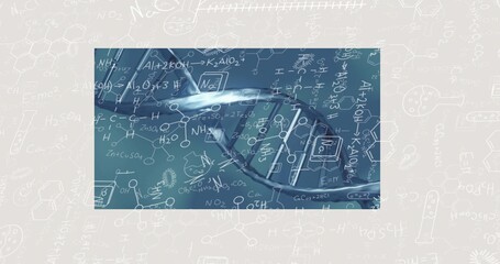 Displaying blue-toned 3D DNA helix glowing on digital canvas, with formulas, diagrams, lab icons