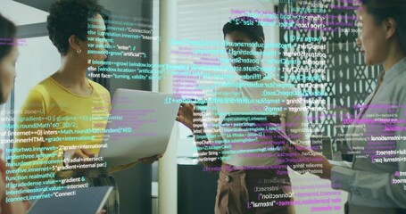 Collaborating women wearing shirts discussing code and data overlays in office area, with devices