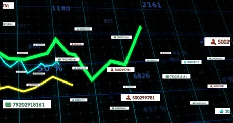 Displaying neon green and yellow line graphs on data dashboard with labels and icons
