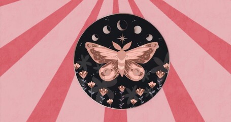 Naklejka premium Displaying stylized moth and moon phases in abstract circular design, with florals and pink rays
