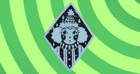 Showing cartoon character wearing pom-pom hat and ruffled collar in diamond frame, amid green arcs