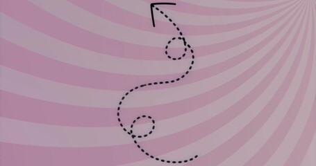 Looping black dashed arrow line curving upward over pink radial stripes, pointing upper right