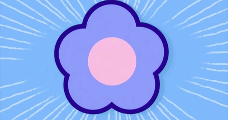 Displaying stylized five-petaled flower with pink center on light blue field with radial streaks