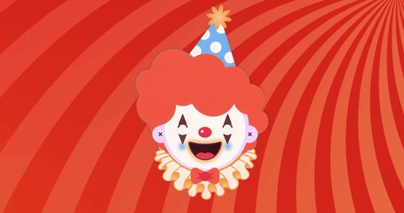 Displaying cartoon clown face wearing party hat and ruffled collar against red striped backdrop