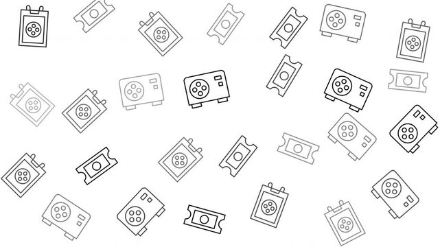 Repeating pattern of outline drawings depicting power supplies and tickets. Suitable for stationery products, event tickets, techthemed designs.