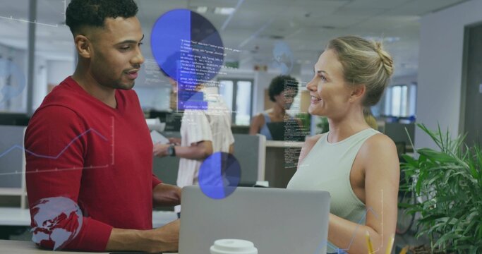 Discussing metrics coworkers referencing laptop and coffee cup at open plan office data overlays