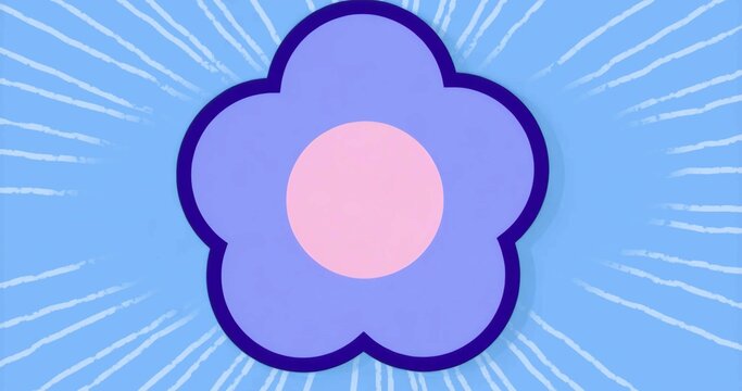 Displaying stylized five-petaled flower with pink center on light blue field with radial streaks - Powered by Adobe