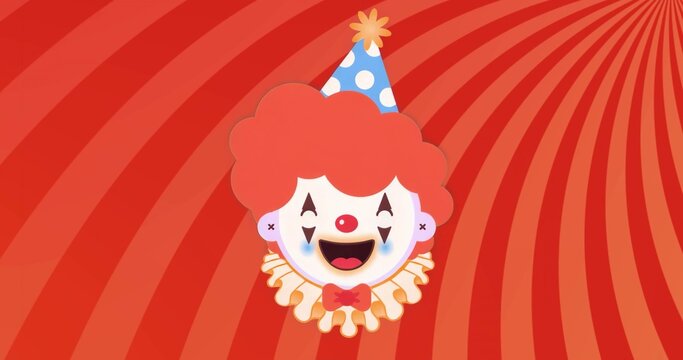 Displaying cartoon clown face wearing party hat and ruffled collar against red striped backdrop - Powered by Adobe
