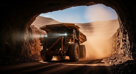 Massive mining truck emerges from dusty underground tunnel