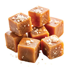Salted Caramel Pieces with Sea Salt: Rustic caramel cubes sprinkled with sea salt crystals, macro photography, high clarity texture PNG.