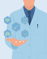 A doctor presents hexagonal medical icons (heart, lungs, syringe, stethoscope, tablet) symbolizing healthcare services and tools in flat vector style