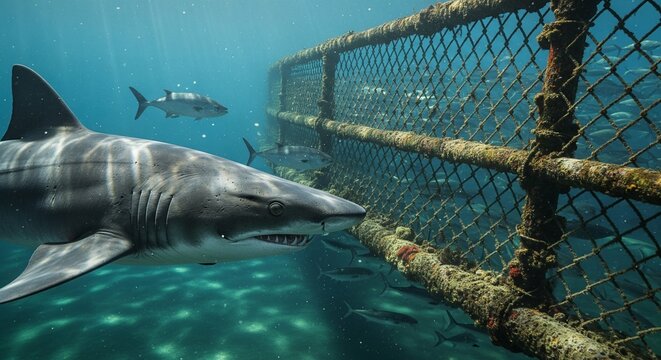 Shark approaches cage for diving with great white sharks