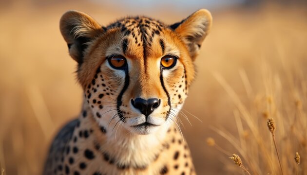 Portrait of cheetah looking directly at viewer in dry savanna. The animal is focused, calm and relaxed. Wild animal has beautiful amber colored eyes. It is a wildlife shot in nature.