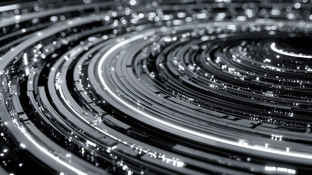 Concentric rings of polished metal swirl into a dynamic vortex with bright light trails - Powered by Adobe