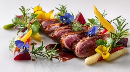 Sliced duck breast, pan-seared to a glistening mahogany, rests atop a vibrant medley of roasted beets, petite carrots, and herbs; accented with edible flowers and a rich, dark reduction sauce