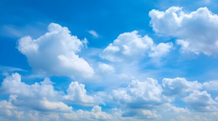 Fototapeta premium Fluffy white cumulus clouds drift across a vibrant blue expanse overhead