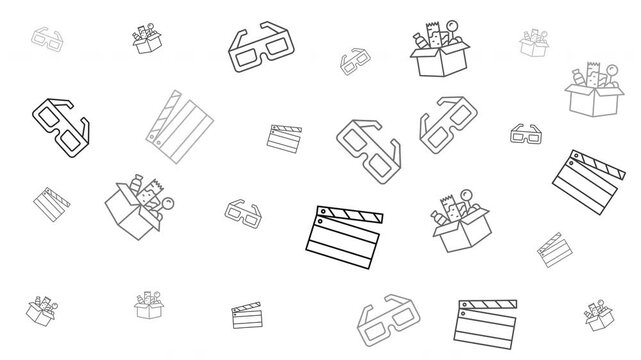 Filmrelated objects pattern with 3d glasses and clapperboards suitable for moviethemed designs, backgrounds, and advertisements in the entertainment industry.