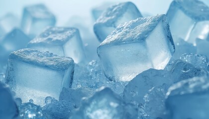Clear ice cubes with trapped air bubbles melt slowly in crushed ice. Frozen water chunks create abstract texture. Cool refreshing liquid refreshment, cold winter beverage.