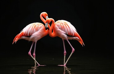 Naklejka premium Two pink flamingos stand close together in dark water. Their vibrant plumage contrasts with black background creating striking natural portrait. Elegant birds with long necks, legs are seen from side.