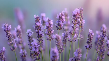 Obraz premium Numerous stalks of vibrant purple flowers bloom closely together in a soft, diffused light.