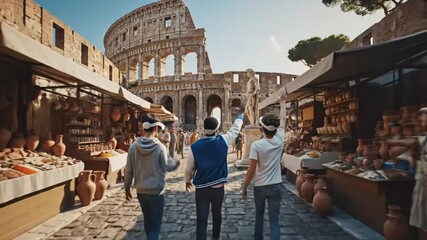 People wearing VR headsets experiencing virtual reality in a futuristic setting, exploring historical sites and engaging in virtual meetings. - Powered by Adobe