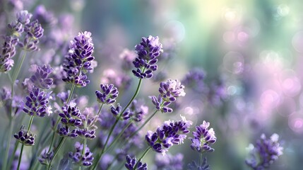 Fototapeta premium Field of purple blossoms displays soft ambient light with gentle bokeh effect
