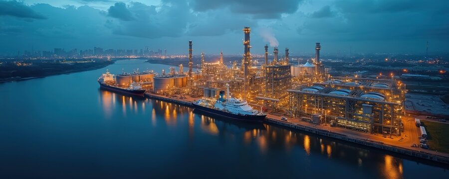 Night aerial view of industrial complex with cargo ships docked at harbor. Energy plant features illuminated structures towers and pipelines near city skyline and wide river.