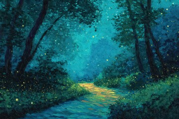Fototapeta premium Enchanted Forest Path Illuminated By Fireflies At Twilight With Dark Blue And Green Hues