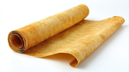 Fototapeta premium Unfurling, rolled apricot fruit leather reveals a mottled surface on a white background