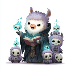Obraz premium Magical llama sorcerer casting spells with ghostly companions fantasy realm illustration