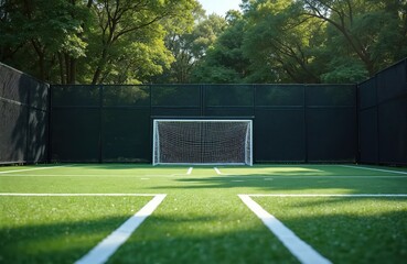 Empty football pitch with soccer goal in park. Green artificial turf marked with white lines, surrounded by fence and trees. No people or children play on court.