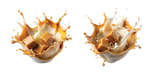 Caramel Splash with Milk: Caramel and milk splash colliding mid-air, frozen in motion, detailed fluid texture, PNG style.