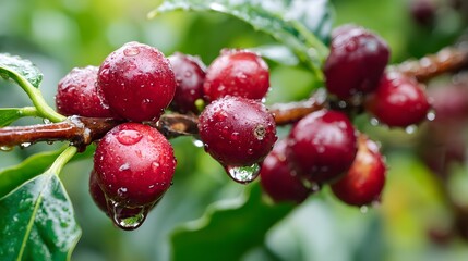 Ripe red berries covered in fresh water droplets cluster along a woody stem in a verdant garden setting