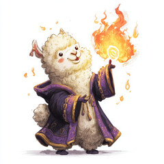 Magical llama performing fire tricks fantasy realm illustration whimsical creative concept