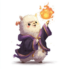 Magical llama wizard casting fire spell in enchanted forest fantasy art whimsical scene