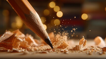 Sharp wooden writing tool creates fine shavings during a close up process