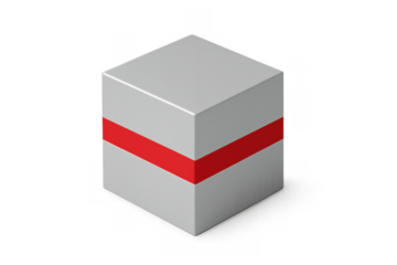 White 3d gift box with red ribbon wrapping, isometric present package on transparent background