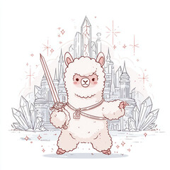 Epic battle of the brave llama warrior in a magical cityscape fantasy art whimsical environment