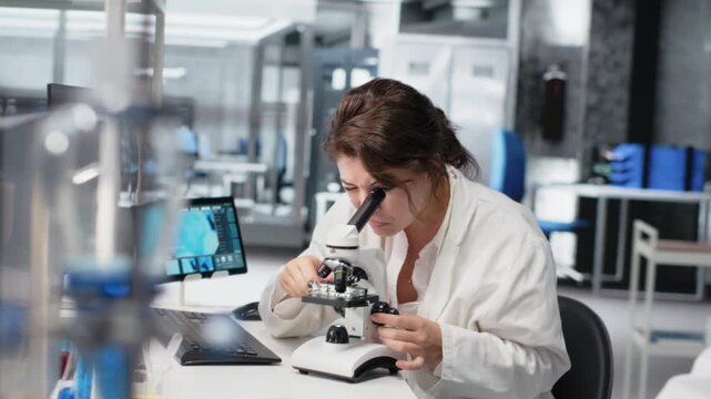 Clinical laboratory technologist using scientific microscope for disease detection. Woman doing sample examination inside lab with optical device equipment, studying genetic disorders, camera B