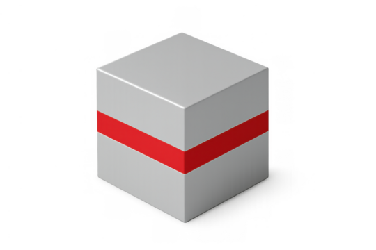 White 3d gift box with red ribbon wrapping, isometric present package on transparent background